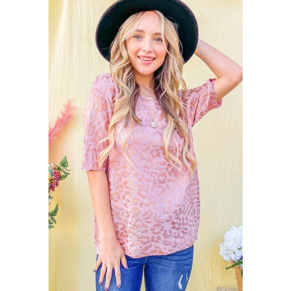 Leopard Foil Printed Half Sleeve Summer Sweater Dusty Rose - Picture 1 of 3